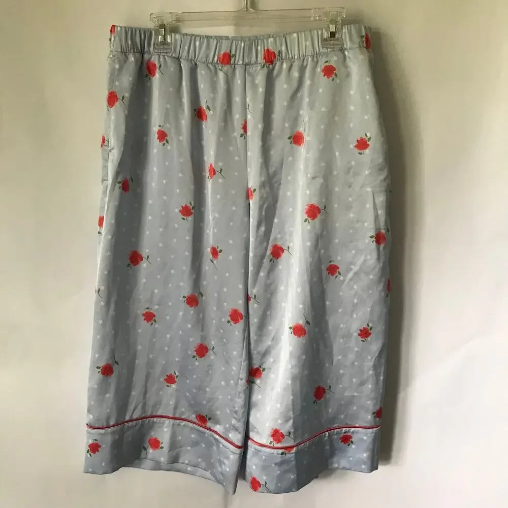 Kate Spade Pajama Set Extra Large Womens Floral Satin Long Sleeve Blue Coral XL